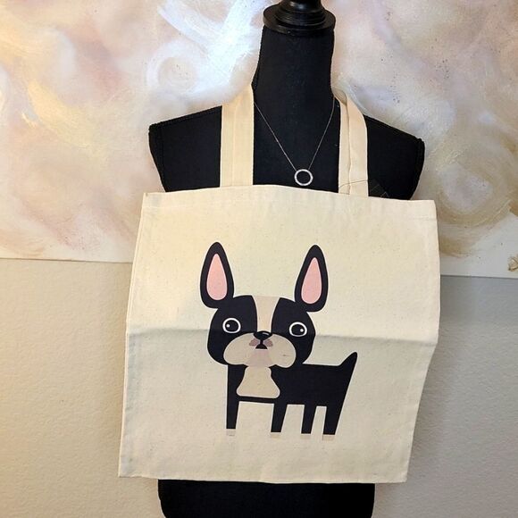 Handbags - Puppy Dog Graphic Tan Canvas Tote Bag